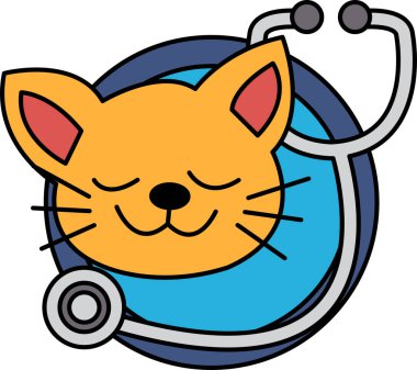 Bir çizgi film kedisi kafasını steteskopa yaslıyor. Kedi gülümsüyor ve mutlu.