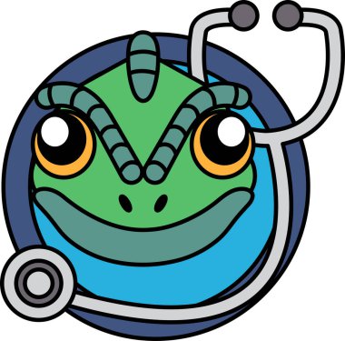 Kafasında steteskop olan bir kurbağa. Kurbağa yeşildir ve yüzünde tehditkar bir ifade vardır.