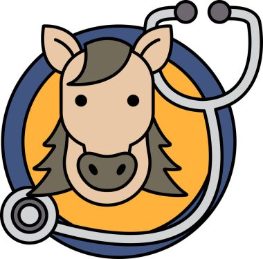 Kafasında steteskop olan çizgi film atı. Stetoskop atın kafasında ve görüntünün merkezinde.