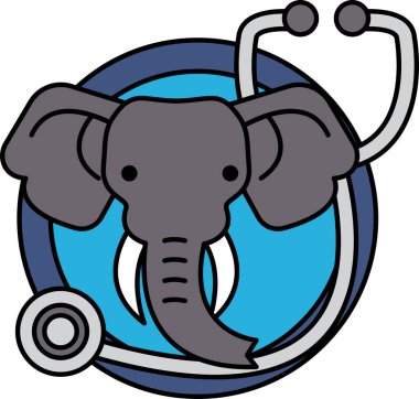 Gövdesinde steteskop olan bir çizgi film fili. Fil mavi beyaz bir şapka takıyor.