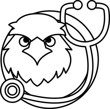 Kafasında steteskop olan çizgi film kuşu. Kuş kızgın ve yüzünde tehditkar bir ifade var.