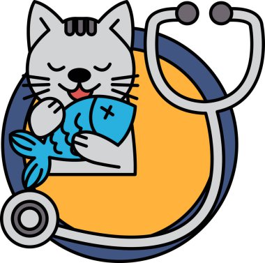 Bir çizgi film kedisi ağzında bir balık tutuyor ve steteskopun üzerinde dinleniyor. Rahatlama ve rahatlama kavramı, kedi balığı tutarken rahat görünüyor.