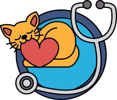 Bir kedi göğsünde bir kalple uyuyor. Kalp kırmızı ve kedi turuncu. Görüntü, bir dairenin içinde steteskopu olan bir kedinin görüntüsü.