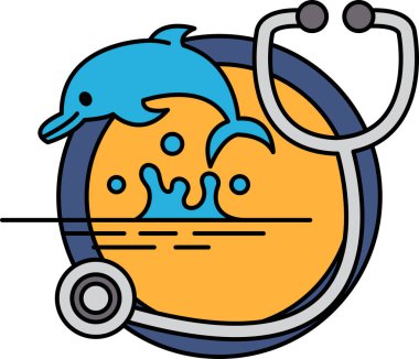 Bir yunus bir steteskopun yanında okyanusta yüzüyor. Yunus mavi ve steteskop gümüş.