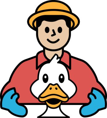 Bir adam ördek tutuyor. Ördek gülümsüyor. Adam şapka takıyor.