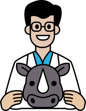 Beyaz laboratuvar önlüklü bir adam gergedan kafası tutuyor. Adam gülümsüyor ve mutlu.