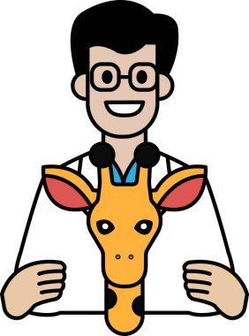 Beyaz laboratuvar önlüklü bir adam zürafa kafası tutuyor. Adam gülümsüyor ve mutlu.