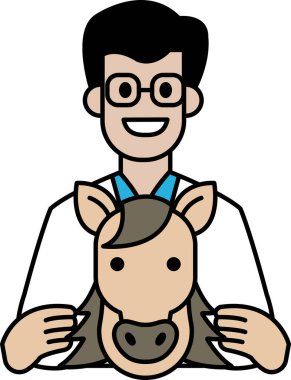 Laboratuvar önlüklü bir adam bir at tutuyor. Adam gülümsüyor ve at kameraya bakıyor.