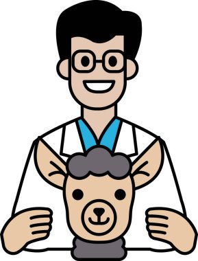 Beyaz laboratuvar önlüklü bir adam doldurulmuş bir hayvan tutuyor, muhtemelen bir koyun. Gülümsüyor ve mutlu.