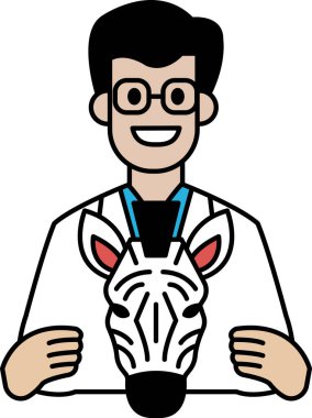 Beyaz laboratuvar önlüklü bir adam bir zebranın kafasını tutuyor. Gülümsüyor ve mutlu.