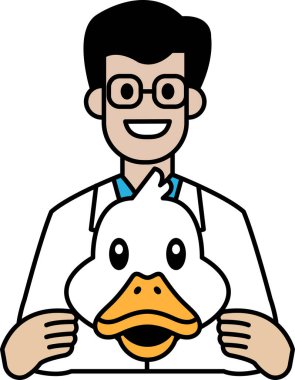 Bir çizgi filmci elinde ördek tutuyor. Ördeğin yüzünde büyük bir gülümseme var. Adam beyaz laboratuvar önlüğü giyiyor.