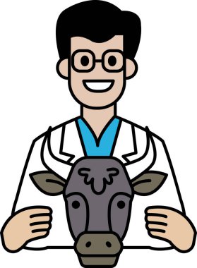 Beyaz laboratuvar önlüklü bir adam bir ineğin kafasını tutuyor. Gülümsüyor ve mutlu.