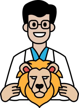 Aslan maskesi tutan beyaz laboratuvar önlüklü bir adam. Adam gülümsüyor ve aslan maskesi sarı.