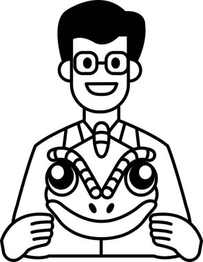 Yeşil kurbağa tutan laboratuvar önlüklü bir adam. Kurbağanın yüzünde kocaman bir gülümseme var.