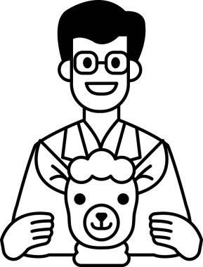 Beyaz laboratuvar önlüklü bir adam doldurulmuş bir hayvan tutuyor, muhtemelen bir koyun. Gülümsüyor ve mutlu.