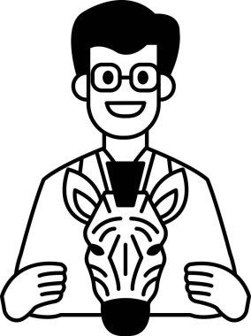 Beyaz laboratuvar önlüklü bir adam bir zebranın kafasını tutuyor. Gülümsüyor ve mutlu.