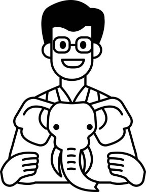 Bir karikatürist fil tutuyor. Beyaz bir laboratuvar önlüğü ve gözlüğü var. Çizgi film neşeli ve neşeli.