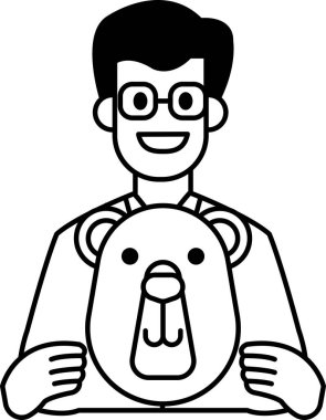 Adamın biri doldurulmuş bir kutup ayısını tutuyor. Beyaz bir laboratuvar önlüğü ve gözlüğü var. Kutup ayısı beyazdır ve mavi bir burnu vardır. Adam gülümsüyor ve mutlu.