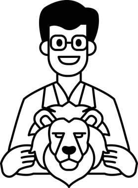 Aslan maskesi tutan beyaz laboratuvar önlüklü bir adam. Adam gülümsüyor ve aslan maskesi sarı.