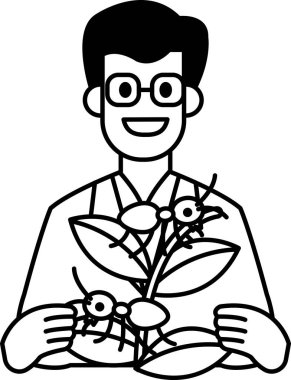 Üzerinde kırmızı böcekler olan bir bitki tutan laboratuvar önlüklü bir adam. Adam gülümsüyor ve mutlu.