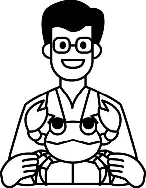 Kırmızı yengeç tutan beyaz önlüklü bir adam. Adam gülümsüyor ve yengeç ona bakıyor.