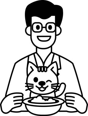 Beyaz laboratuvar önlüğü ve gözlük takan bir adamın elinde kedi ve bir kase yiyecek olan bir karikatürü.
