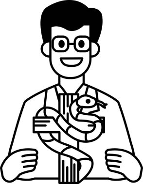 Çizgi filmdeki adam bir yılan ve haç tutuyor. Gülümsüyor ve mutlu.