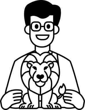 Bir adam kollarında bir aslan tutuyor. Beyaz bir laboratuvar önlüğü ve gözlüğü var.