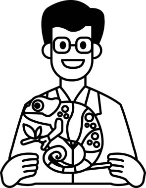 Yeşil kertenkele tutan laboratuvar önlüklü bir adam. Kertenkele yeşil ve sırtında bir yaprak var.