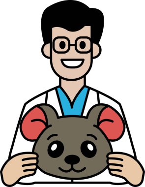 Beyaz laboratuvar önlüklü bir adamın oyuncak bir hayvanı tuttuğu bir karikatür. Çizgi film neşeli ve neşeli, adamın gülüşü ve oyuncak hayvanın tatlı görünüşü.