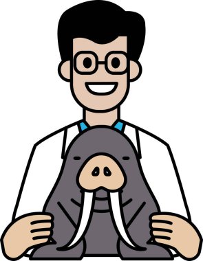 Bir adam büyük dişli küçük bir hayvan tutuyor. Beyaz bir laboratuvar önlüğü ve gözlüğü var.