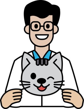 Elinde kedi tutan bir adamın karikatürü. Kedinin siyah bir burnu ve mor bir gözü var. Adam gülümsüyor ve gözlük takıyor.