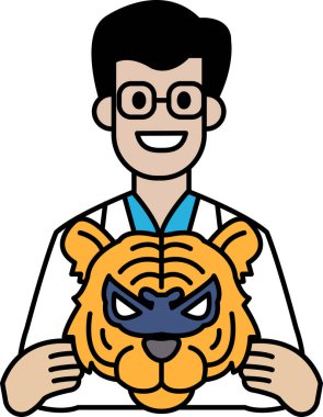 Bir adam kaplan maskesi tutuyor. Laboratuvar önlüğü ve gözlüğü takıyor. Kaplan maskesi sarı ve mavi