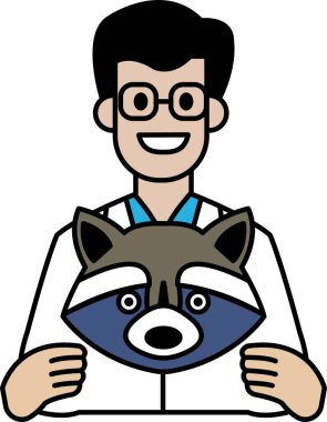Çizgi filmdeki bir adam kollarında bir rakun tutuyor. Adam beyaz laboratuvar önlüğü ve gözlük takıyor. Rakun mavi ve beyaz bir maske takıyor. Neşeli ve neşeli olma kavramı.