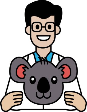 Bir çizgi film adamı kollarında bir koala tutuyor. Adam beyaz laboratuvar önlüğü ve gözlük takıyor. Koala kırmızı bir burun takıyor ve yüzünde bir gülümseme var.