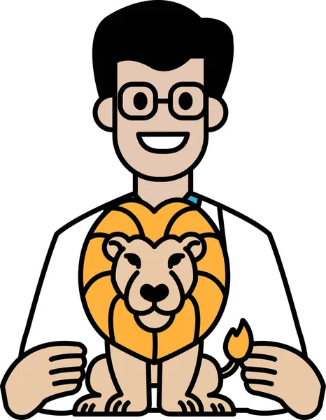 Bir adam kollarında bir aslan tutuyor. Beyaz bir laboratuvar önlüğü ve gözlüğü var.