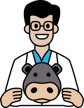 Bir karikatürist doldurulmuş bir hayvan tutuyor, muhtemelen bir su aygırı. Beyaz bir laboratuvar önlüğü ve gözlüğü var.