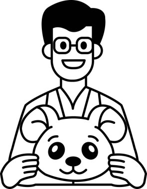 Beyaz laboratuvar önlüklü bir adamın oyuncak bir hayvanı tuttuğu bir karikatür. Çizgi film neşeli ve neşeli, adamın gülüşü ve oyuncak hayvanın tatlı görünüşü.