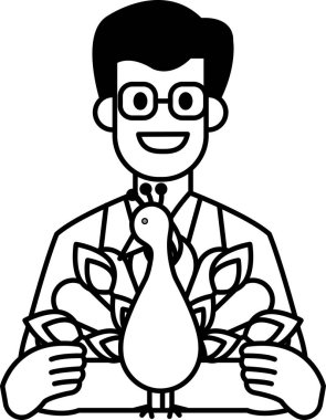 Beyaz laboratuvar önlüklü bir adam tavus kuşu tutuyor. Tavus kuşu yeşil ve kırmızı