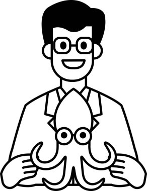 Kalamar tutan laboratuvar önlüklü bir adam. Mürekkep balığının büyük gözleri ve bir gülümsemesi var. Adam gülümsüyor ve mutlu.