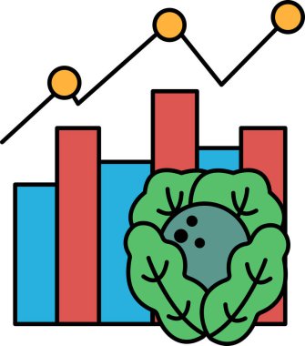 Yukarı doğru giden bir çizgi ve aşağı inen bir çizgi. Yapraksı yeşil bir sebze grafiğin ortasında.