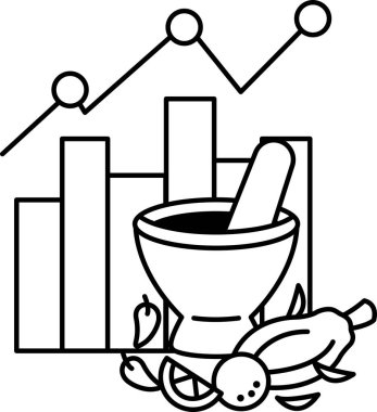 Havan topu, tokmak ve grafiği olan siyah beyaz bir kâse çizimi. Grafik aşağı doğru bir eğilim gösteriyor