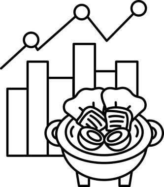 Arka planda grafik olan bir tencere yemeğin siyah beyaz çizimi. Grafik sağlıklı beslenen insan sayısında bir artış gösteriyor.
