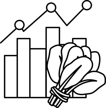 Arkaplanda bir grafik olan bir grup yeşil yaprağın siyah beyaz görüntüsü. Grafik aşağı doğru bir eğilim gösterirken, yaprakların yukarı doğru büyüdüğü gösterilmektedir. Büyüme ve ilerleme kavramı