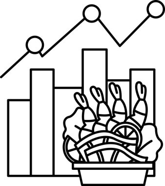 Arka planda grafik olan bir yemek kasesinin siyah beyaz çizimi. Grafik karides sayısında bir artış gösteriyor