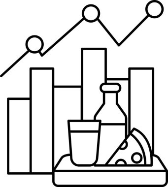 İçinde bir bardak, bir şişe, bir pizza ve bir fincan da dahil olmak üzere çeşitli yemek malzemeleri olan bir tepsi. Tepsi bir yüzeye konur ve yiyecek öğeleri görsel olarak çekici bir şekilde düzenlenir.