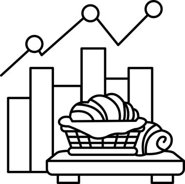 Bir sepet ekmek ve grafiğin siyah beyaz çizimi. Grafik ekmek sayısında artış gösteriyor.