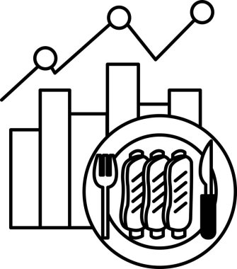 Üzerinde çatal ve bıçak olan bir tabak yemek ve arka planda bir grafik. Grafik et yiyen insan sayısındaki artışı gösteriyor, ki bu da et tabanlı yemeklerin artan popülerliğinin bir göstergesi.