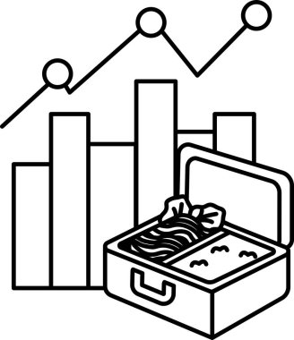 İçinde yiyecek olan siyah beyaz bir bavul resmi. Çanta üç çizgili bir grafiğin yanında.