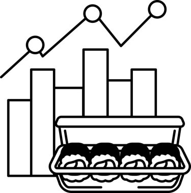 Yanında grafik olan bir tepsi suşinin siyah beyaz görüntüsü. Grafik, popülaritede veya suşi satışlarında bir azalmayı temsil edebilecek bir düşüş eğilimi gösteriyor.